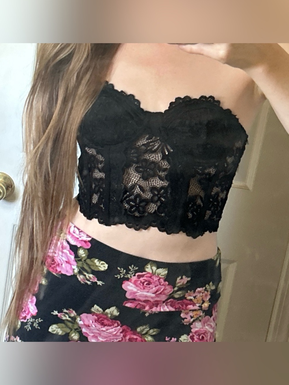 Lace Strapless Corset Crop Top - Black